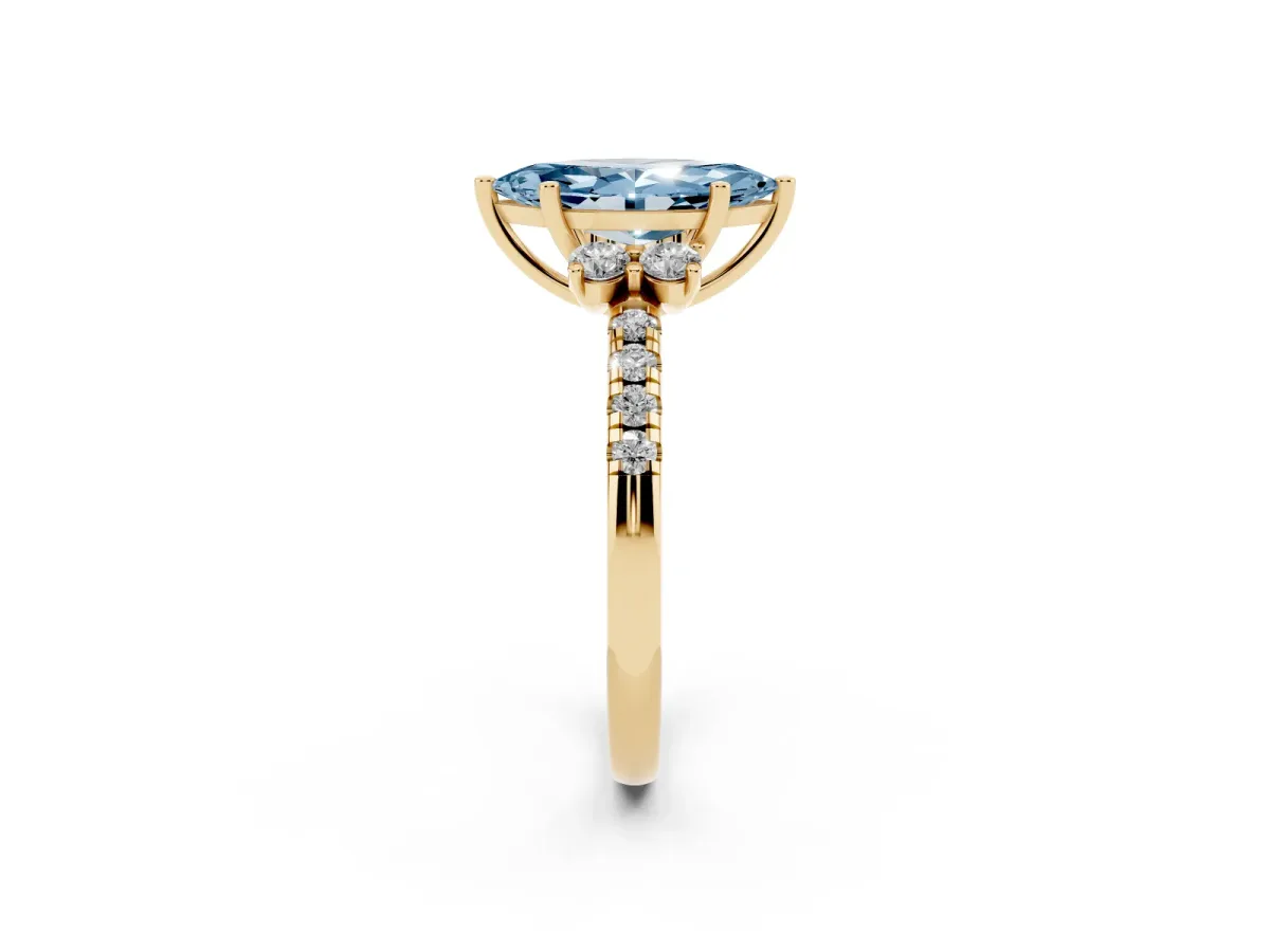 Fancy Blue Marquise Cut Diamond Three-Stone Pave Band with Four-Prong Setting Yellow gold