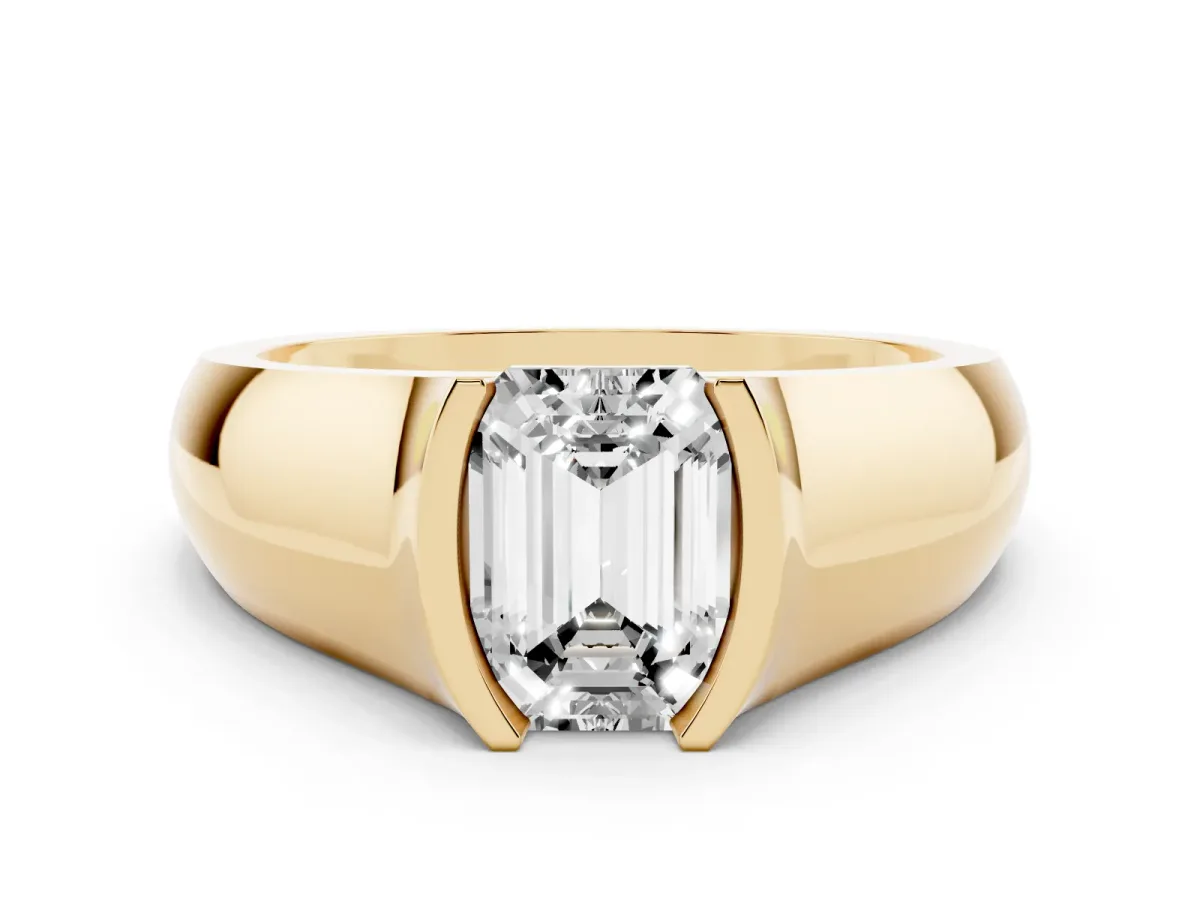 Emerald Cut Solitaire Bezel Set Diamond Ring with Wide Band Yellow gold