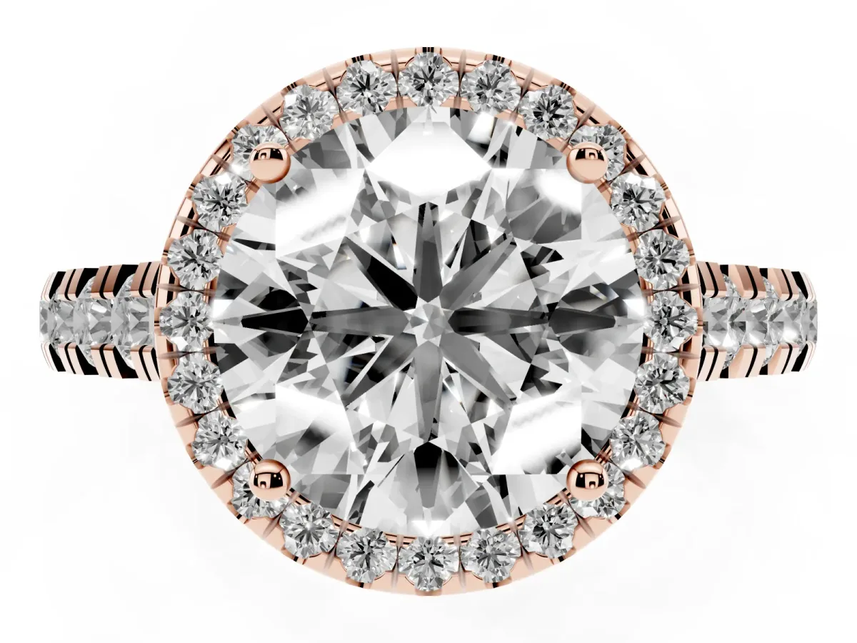 Round Cut Halo Pavé Diamond Engagement Ring with Four-Prong Setting Rose gold