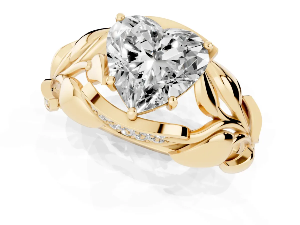 Heart Cut Diamond Leaf-Inspired Engagement Ring with Round Accents and Prong Setting Yellow gold