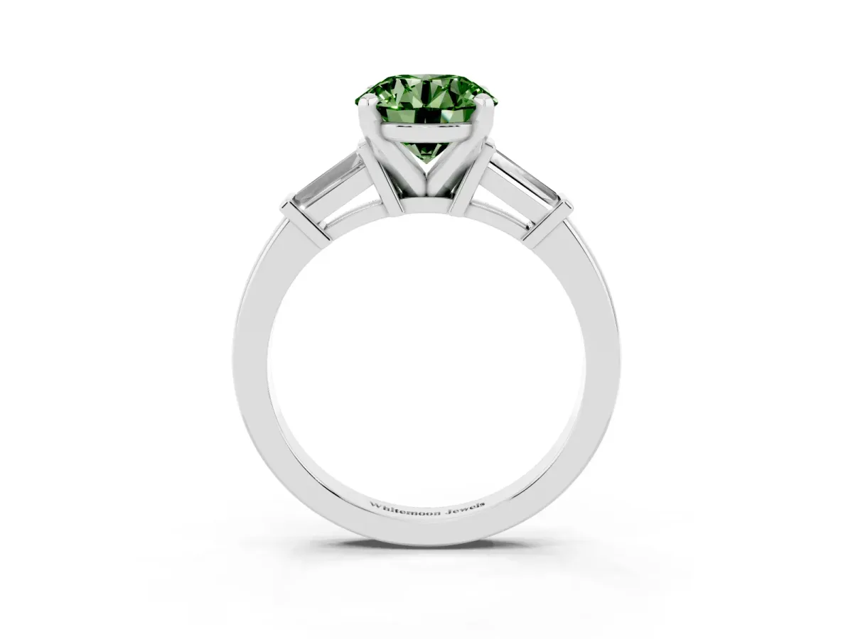 Fancy Green Round Cut Cut Diamond Solitaire Ring with Tapered Baguette Accents and Four-Prong Setting Silver