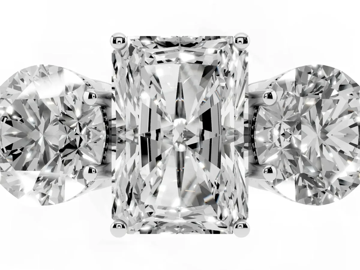 Three-Stone Radiant Cut Diamond Engagement Ring with Prong Setting on a Classic Band Silver