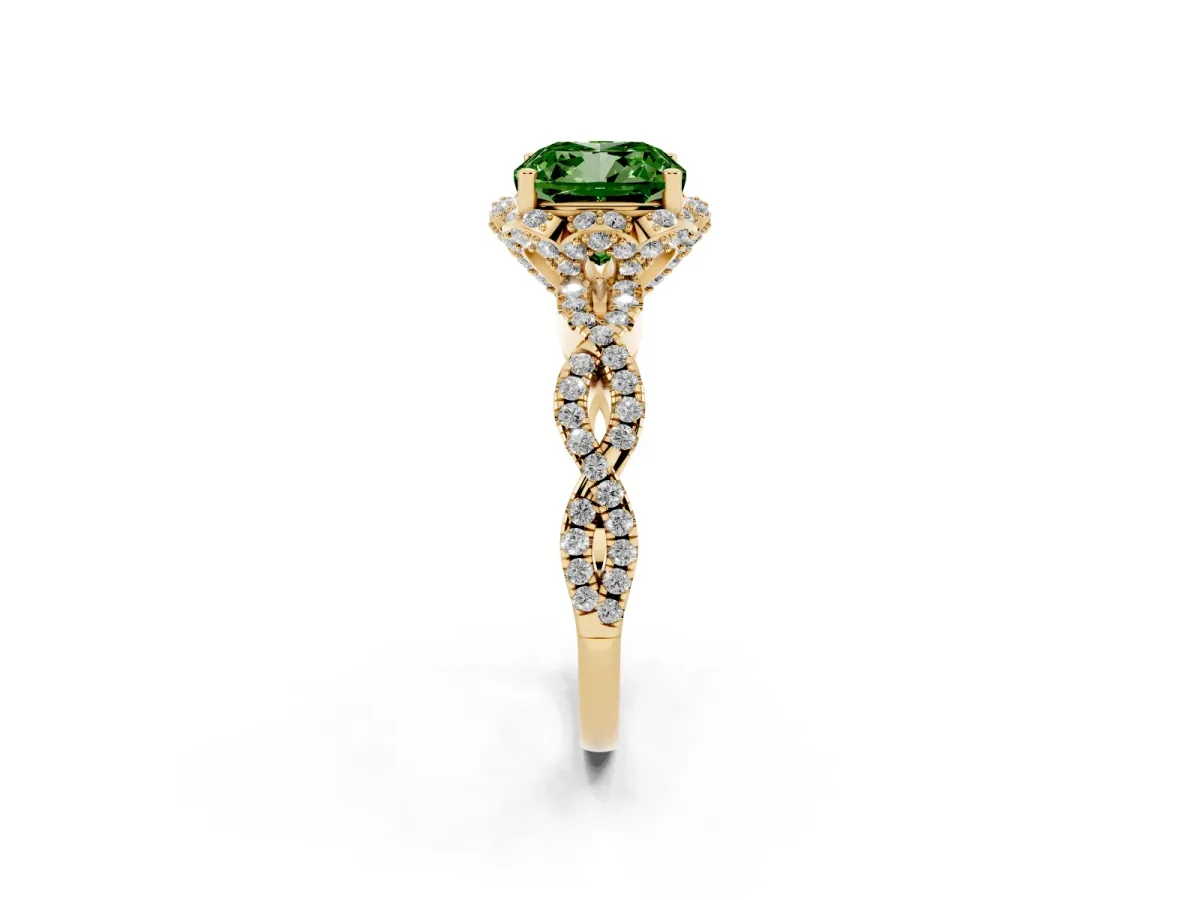 Fancy Green Cushion Cut Halo Twist Band Solitaire Ring with Six-Prong Setting Yellow gold