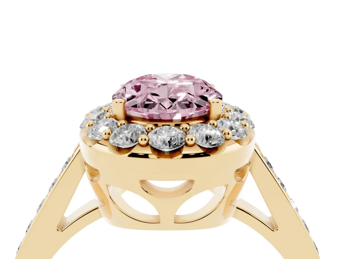 Fancy Pink Oval Cut Diamond Floral Halo Ring with Pavé Band and Prong Setting Yellow gold
