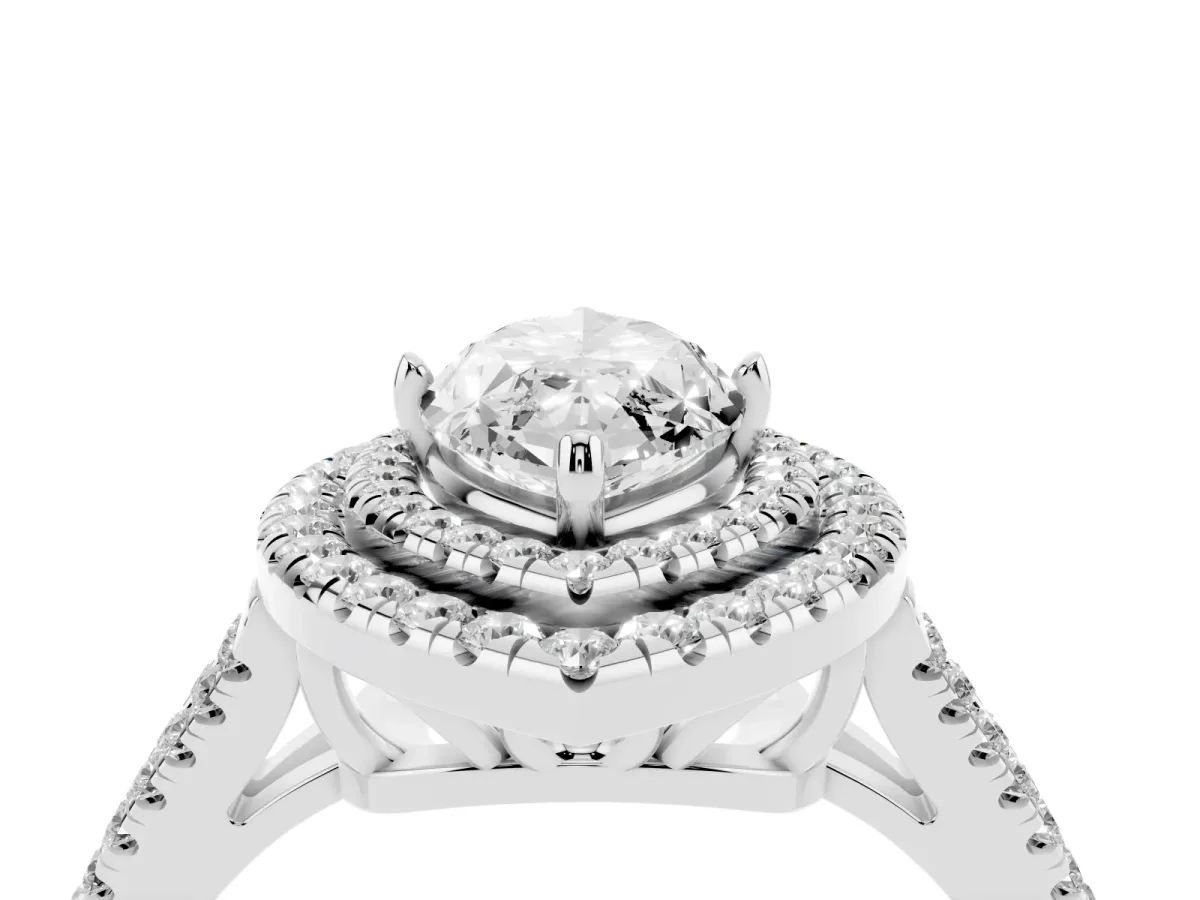 Marquise Cut Diamond Double Halo Ring with Pavé Band and Prong Setting Silver
