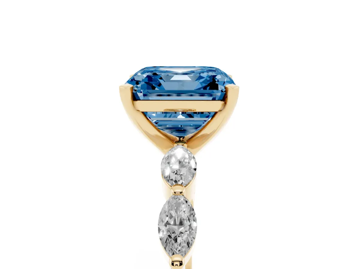 Fancy Blue Asscher Cut Diamond Ring with Marquise Side Stones and Prong Setting Yellow gold