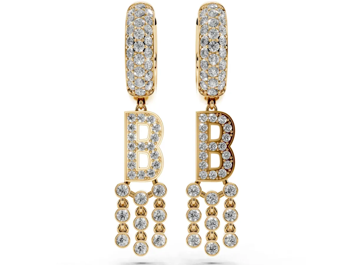 Round Diamond Initial B Huggie Hoop Earrings Yellow gold