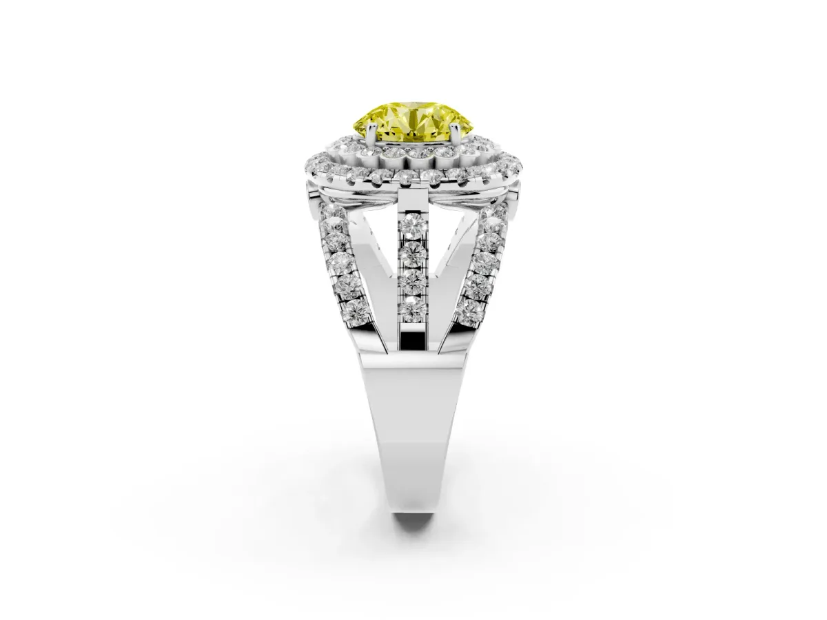 Fancy Yellow Round Cut Diamond Double Halo Ring with Round Pavé Split Shank and Prong Setting Silver