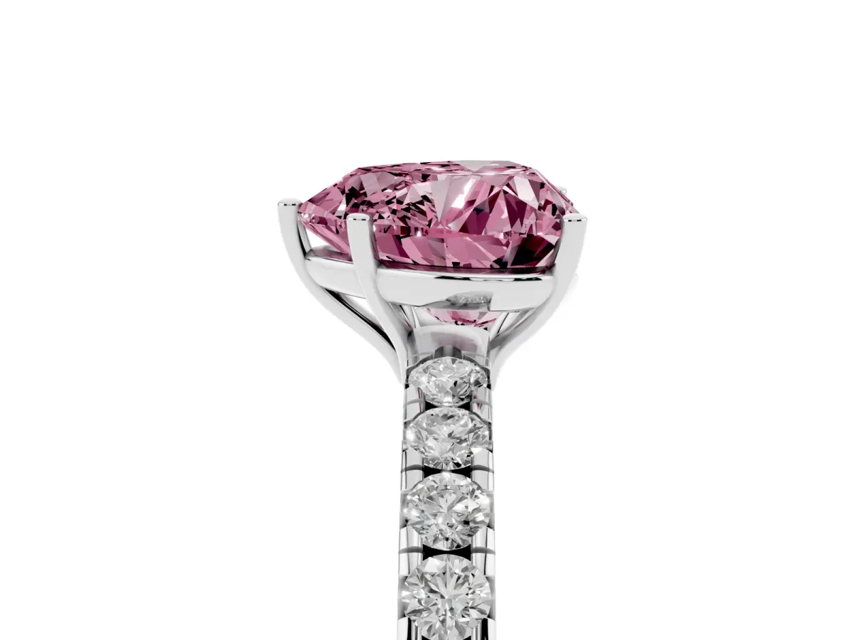 Fancy Pink Heart Cut Diamond Pavé Solitaire Engagement Ring with Four-Prong Setting Silver