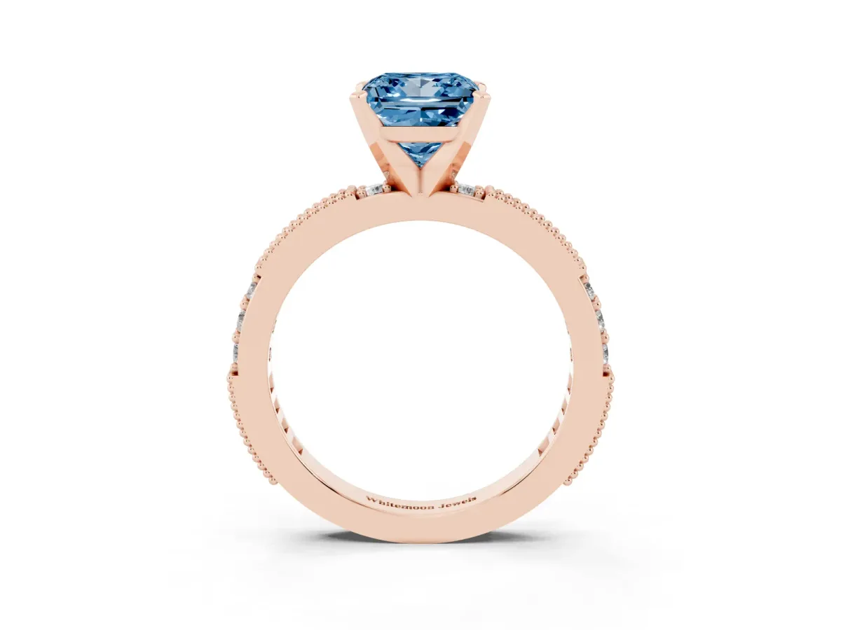 Fancy Blue Princess Cut Solitaire with Pavé Band and Four-Prong Setting Rose gold