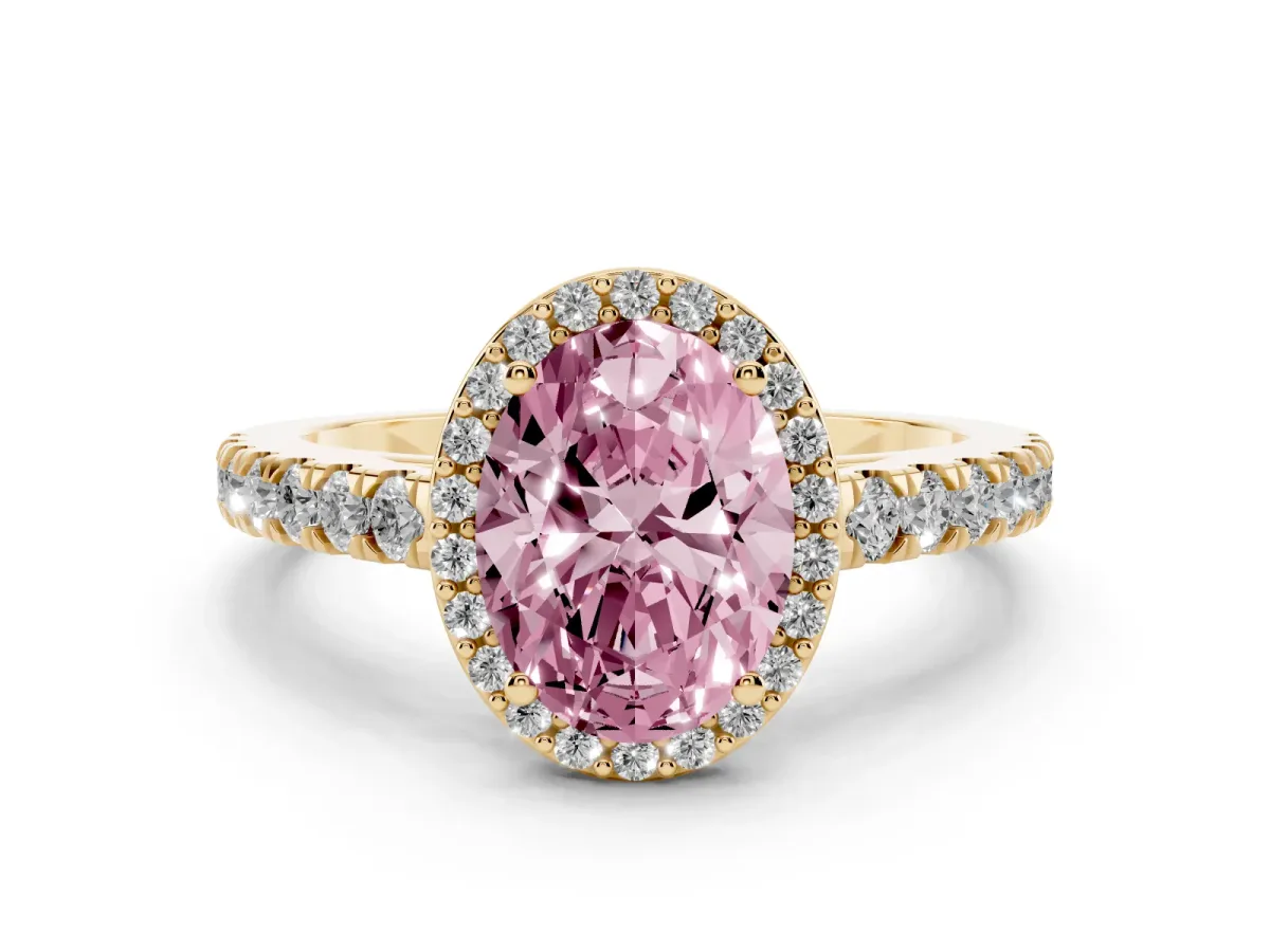 Fancy Pink Oval Cut Cut Halo Diamond Engagement Ring with Pave Band and Four-Prong Setting Yellow gold