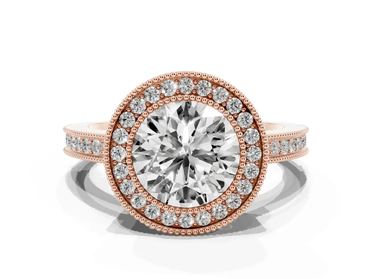 Round Cut Cut Halo Diamond Ring with Pavé Band and Milgrain Prong Setting Rose gold