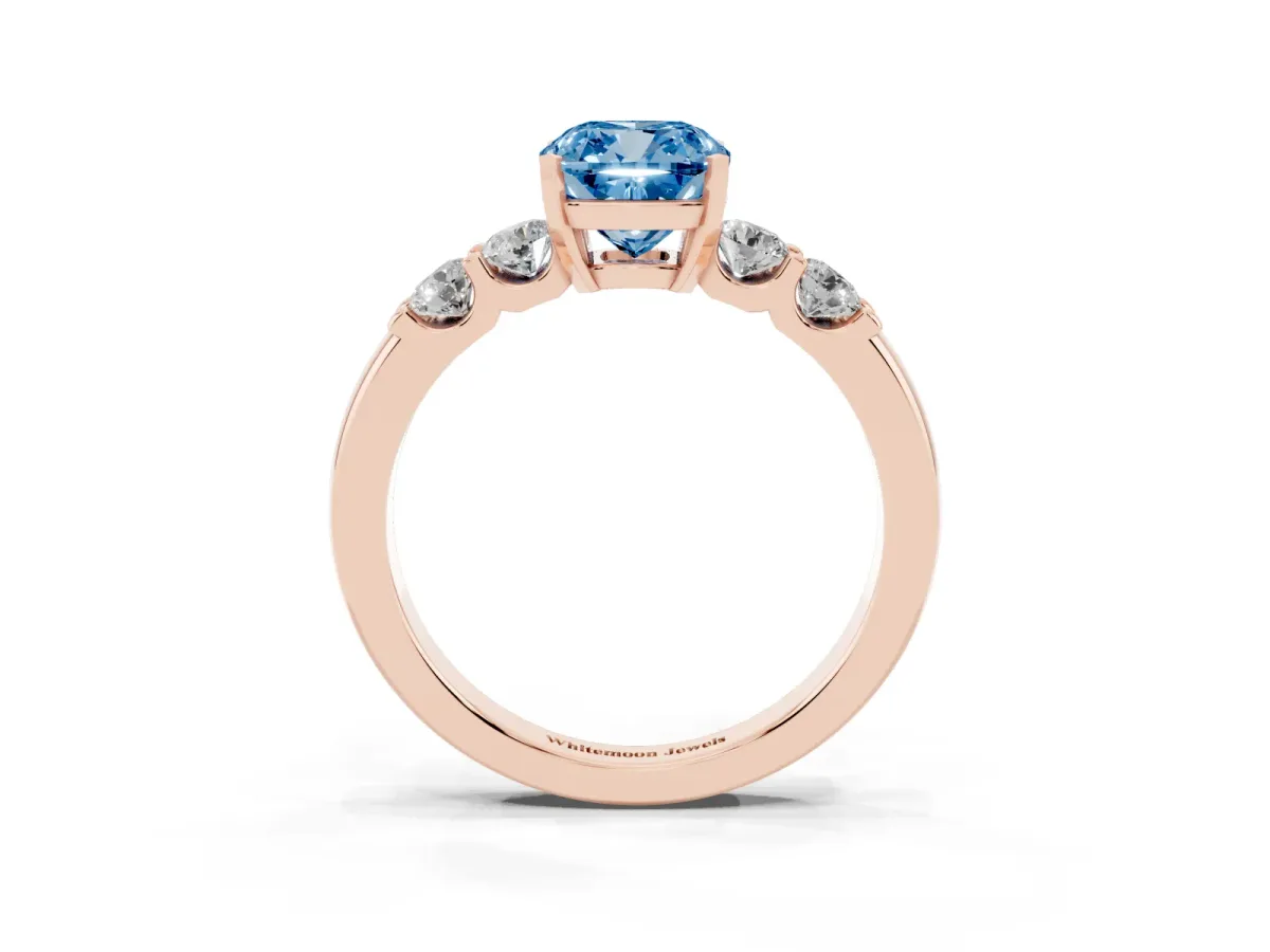 Fancy Blue Cushion Cut Brilliant Cut Diamond Five-Stone Prong Set Engagement Ring with Channel Band Rose gold