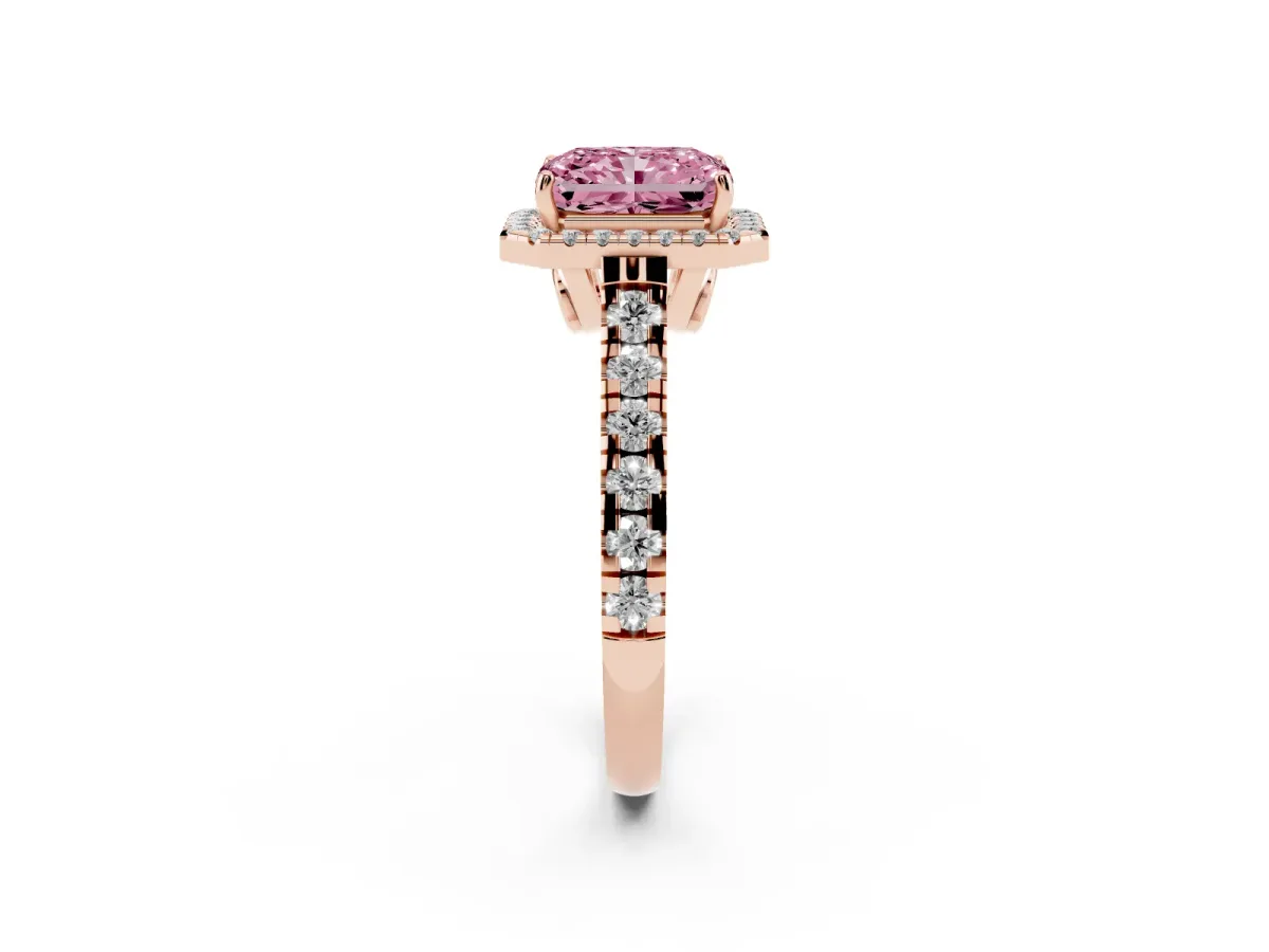 Fancy Pink Radiant Cut Halo Pavé Diamond Engagement Ring with Four-Prong Setting Rose gold