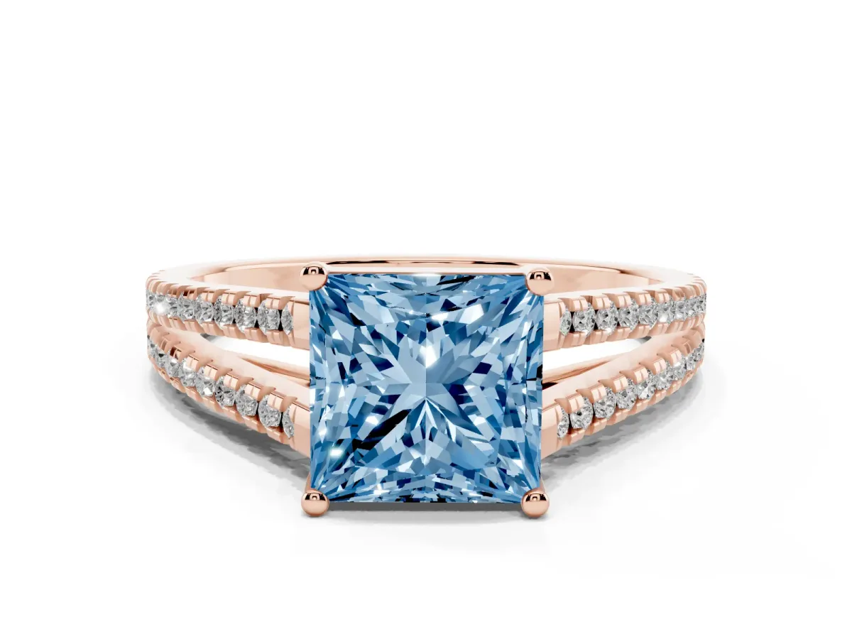 Fancy Blue Princess Cut Diamond Solitaire Engagement Ring with Split Shank Pavé Band Rose gold
