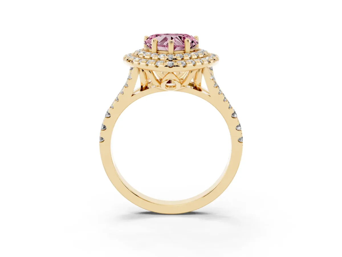 Fancy Pink Double Halo Heart Cut Diamond Pavé Split Shank Ring with Prong Setting Yellow gold