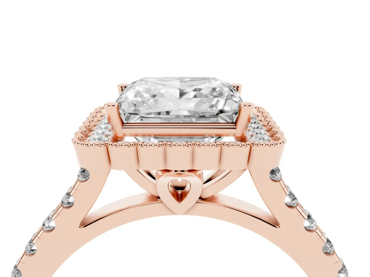 Princess Cut Cut Diamond Milgrain Floral Halo Engagement Ring with Pavé Band Rose gold