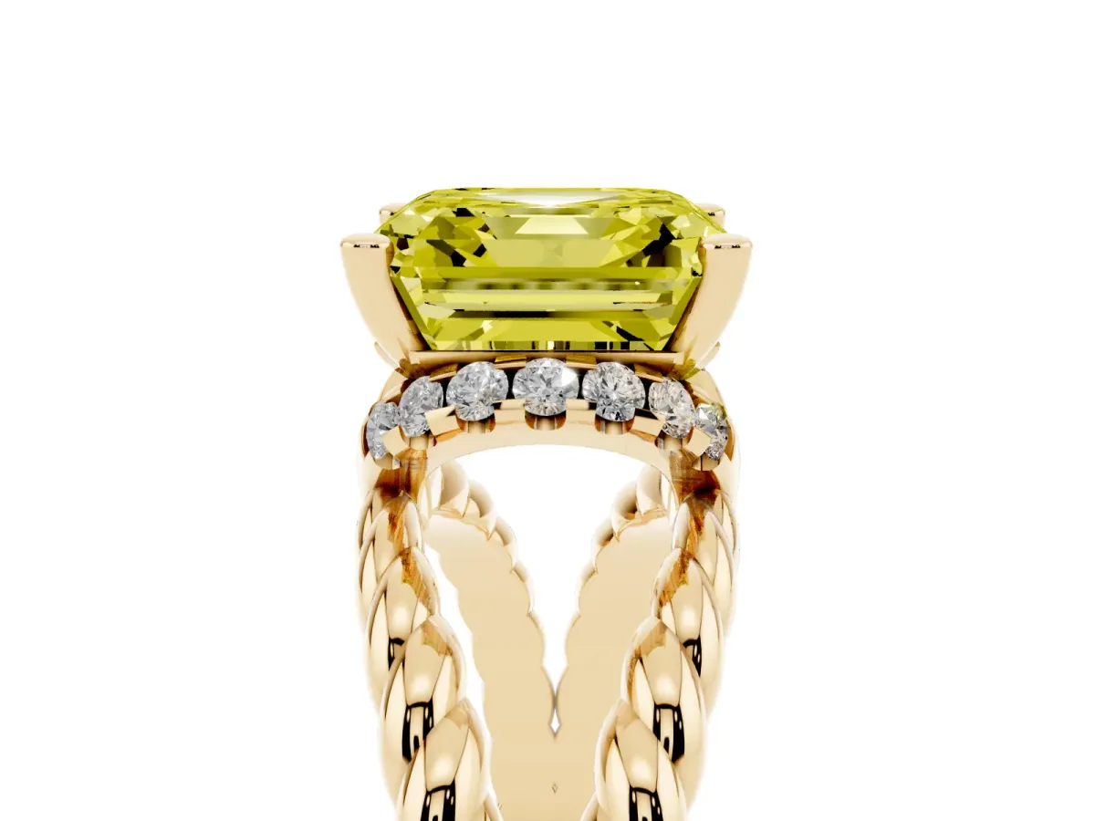 Fancy Yellow Asscher Cut Halo Twisted Band Four-Prong Ring Yellow gold