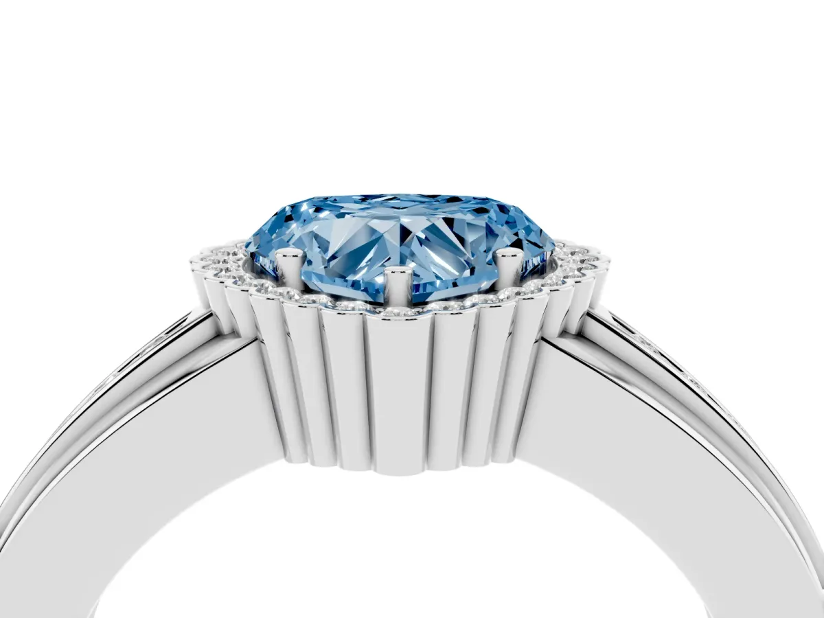 Fancy Blue Heart Cut Cut Halo Pave Band Four-Prong Ring Silver