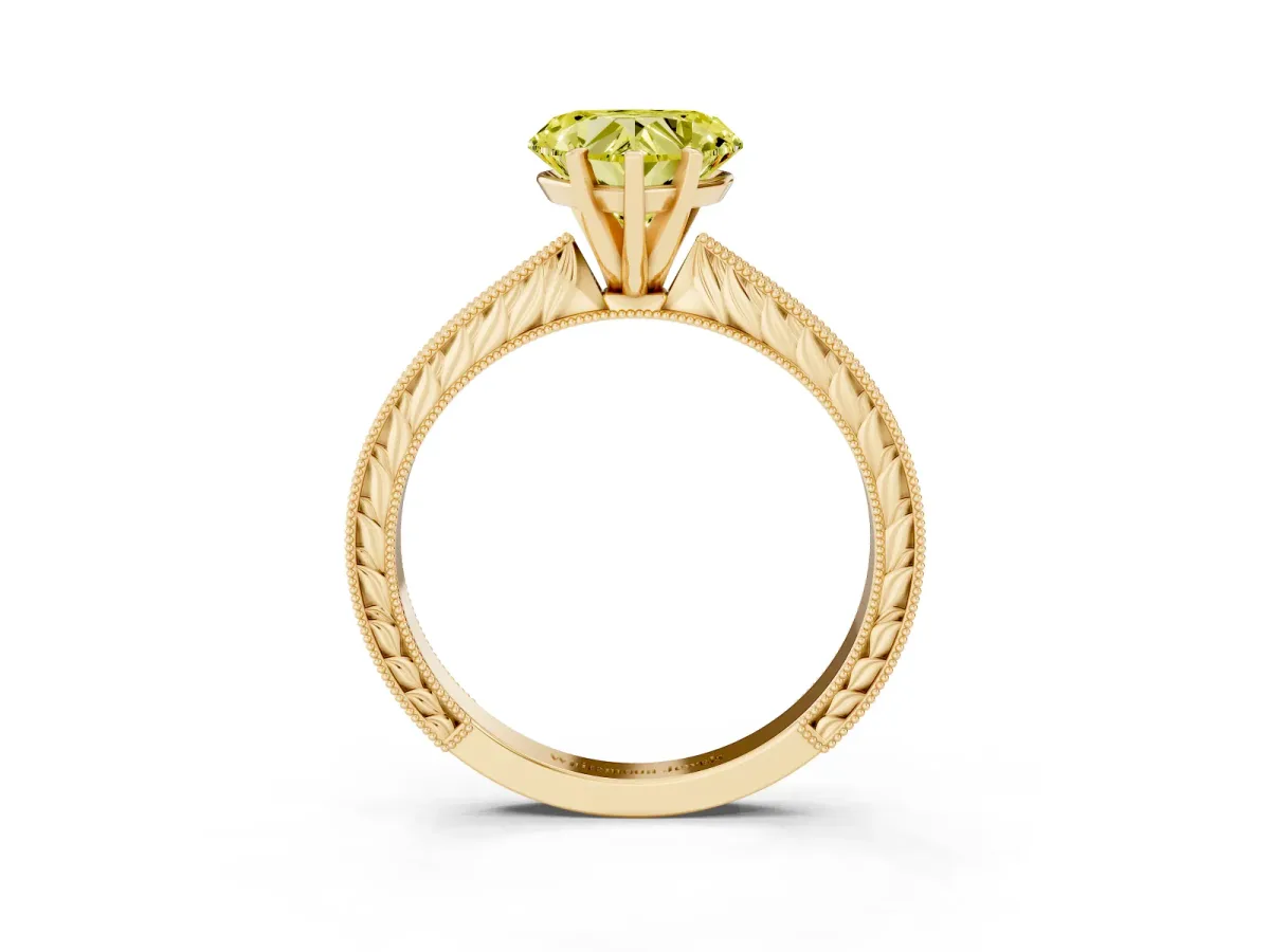 Fancy Yellow Heart Cut Solitaire Milgrain Engraved Band with Four-Prong Setting Yellow gold