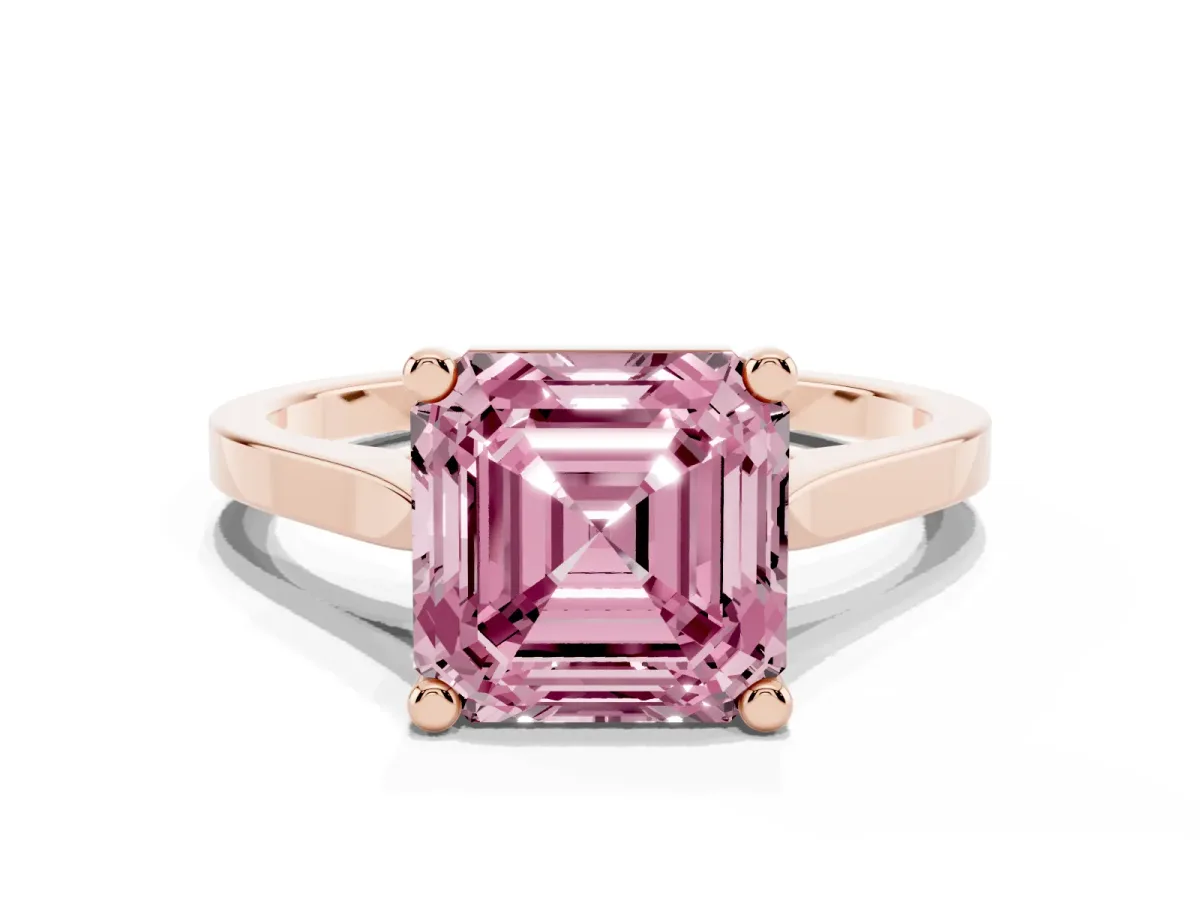 Fancy Pink Asscher Cut Solitaire Diamond Ring with Four-Prong Setting and Tapered Band Rose gold