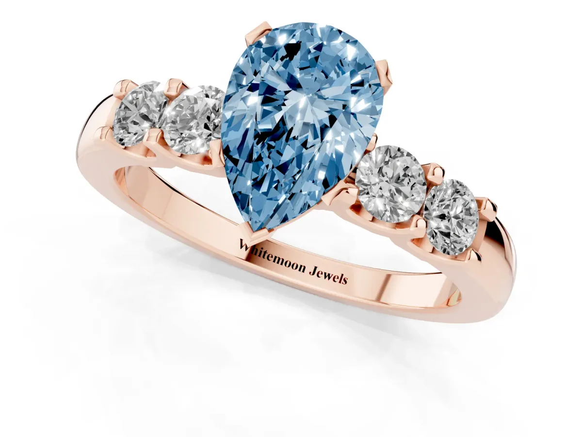 Fancy Blue Pear Cut Brilliant Cut Diamond Five-Stone Prong Set Engagement Ring with Channel Band Rose gold