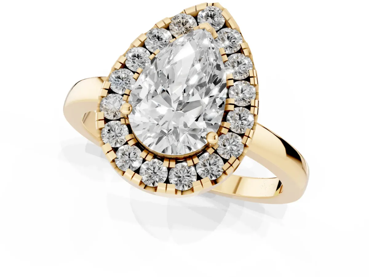Pear Cut Halo Diamond Solitaire with Pavé Band and Four-Prong Setting Yellow gold