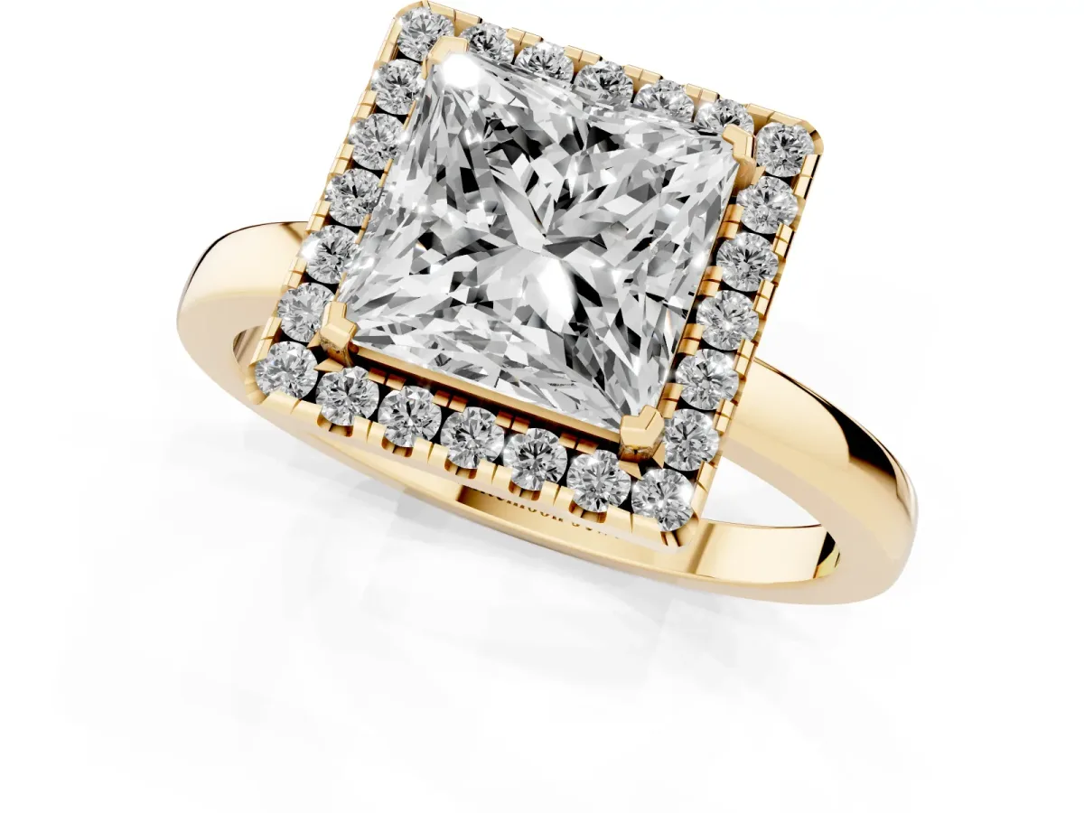 Princess Cut Halo Diamond Solitaire with Pavé Band and Four-Prong Setting Yellow gold