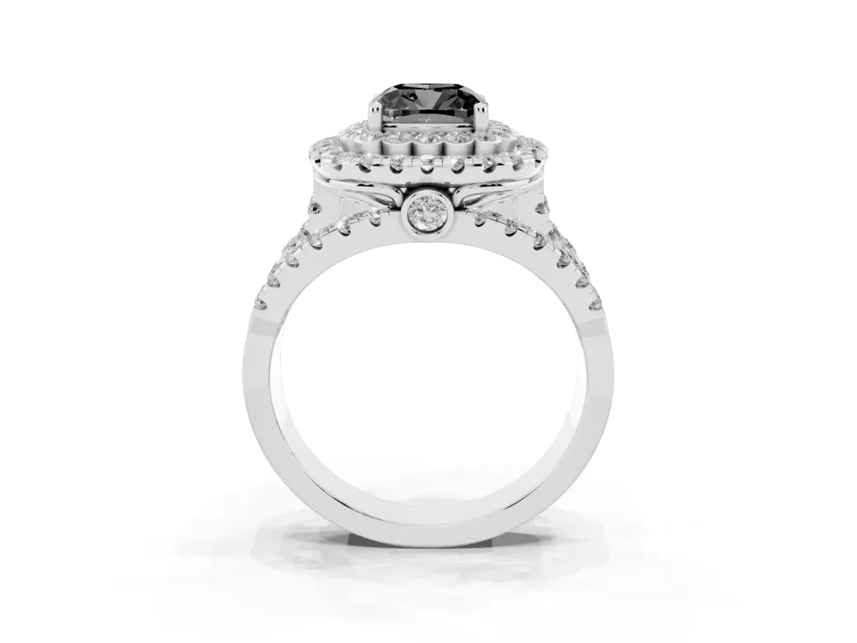 Fancy Black Cushion Cut Diamond Double Halo Ring with Round Pavé Split Shank and Prong Setting Silver