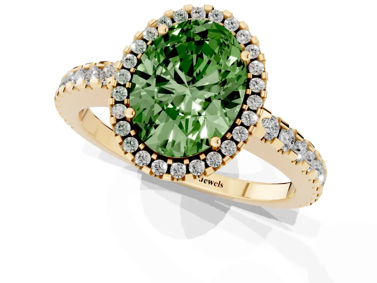 Fancy Green Oval Cut Diamond Halo Engagement Ring with Pavé Band and Prong Setting Yellow gold