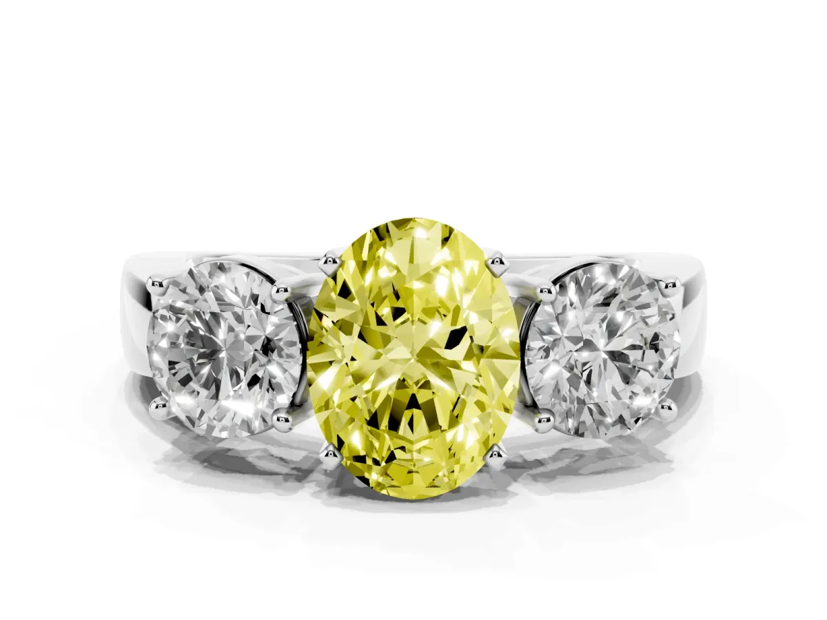 Fancy Yellow Three-Stone Oval Cut Diamond Ring with Round Side Stones, Classic Band, and Four-Prong Setting Silver