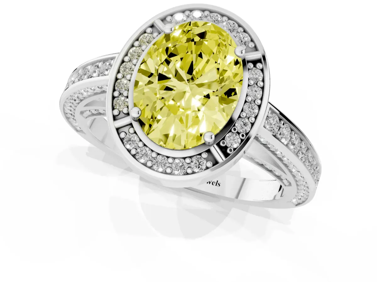 Fancy Yellow Oval Cut Cut Halo Pave Split Shank Prong Setting Ring White gold