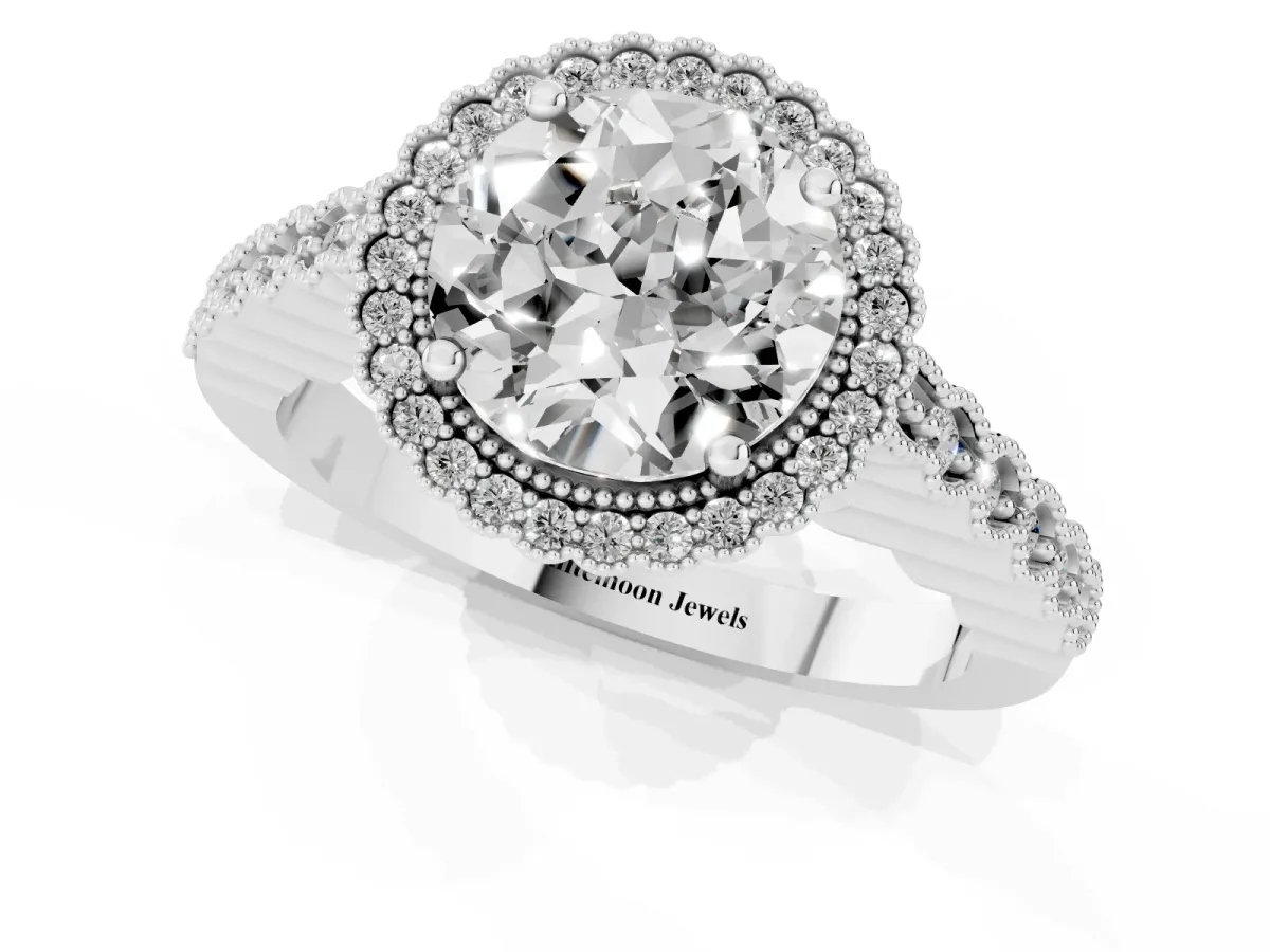 Round Cut Cut Halo Pavé Solitaire Ring with Milgrain Band Silver