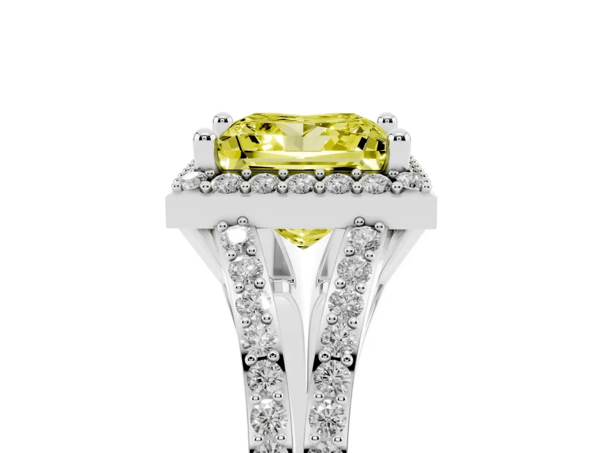 Fancy Yellow Princess Cut Halo Split Shank Pave Diamond Ring with Four-Prong Setting Platinum