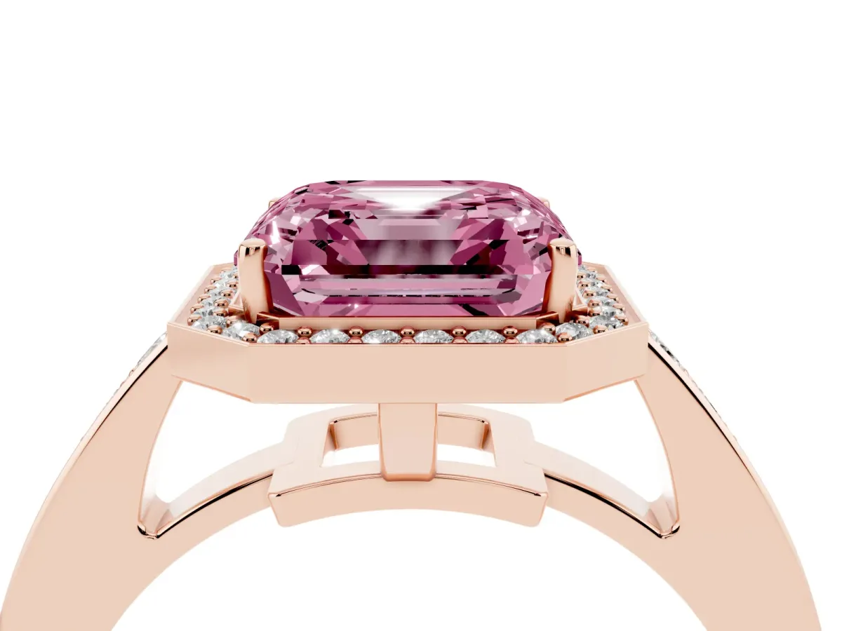 Fancy Pink Asscher Cut Halo Pavé Diamond Engagement Ring with Bezel Setting Rose gold