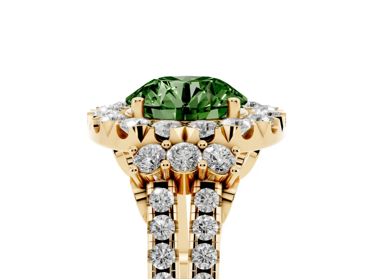 Fancy Green Round Cut Cut Double Halo Diamond Engagement Ring with Pave Band and Four-Prong Setting Yellow gold