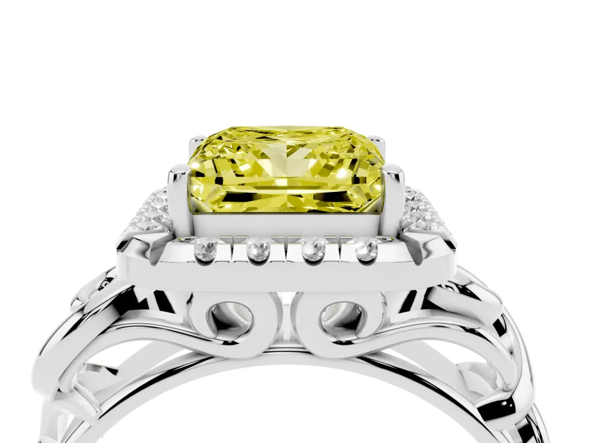Fancy Yellow Princess Cut Cut Halo Diamond Ring with Scrollwork Band and Four-Prong Setting Platinum