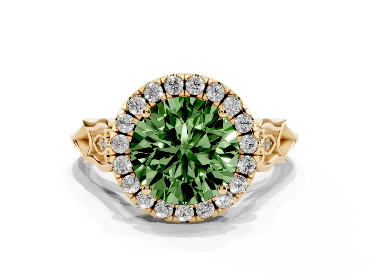 Fancy Green Round Cut Halo Diamond Engagement Ring with Filigree Band and Four-Prong Setting Yellow gold