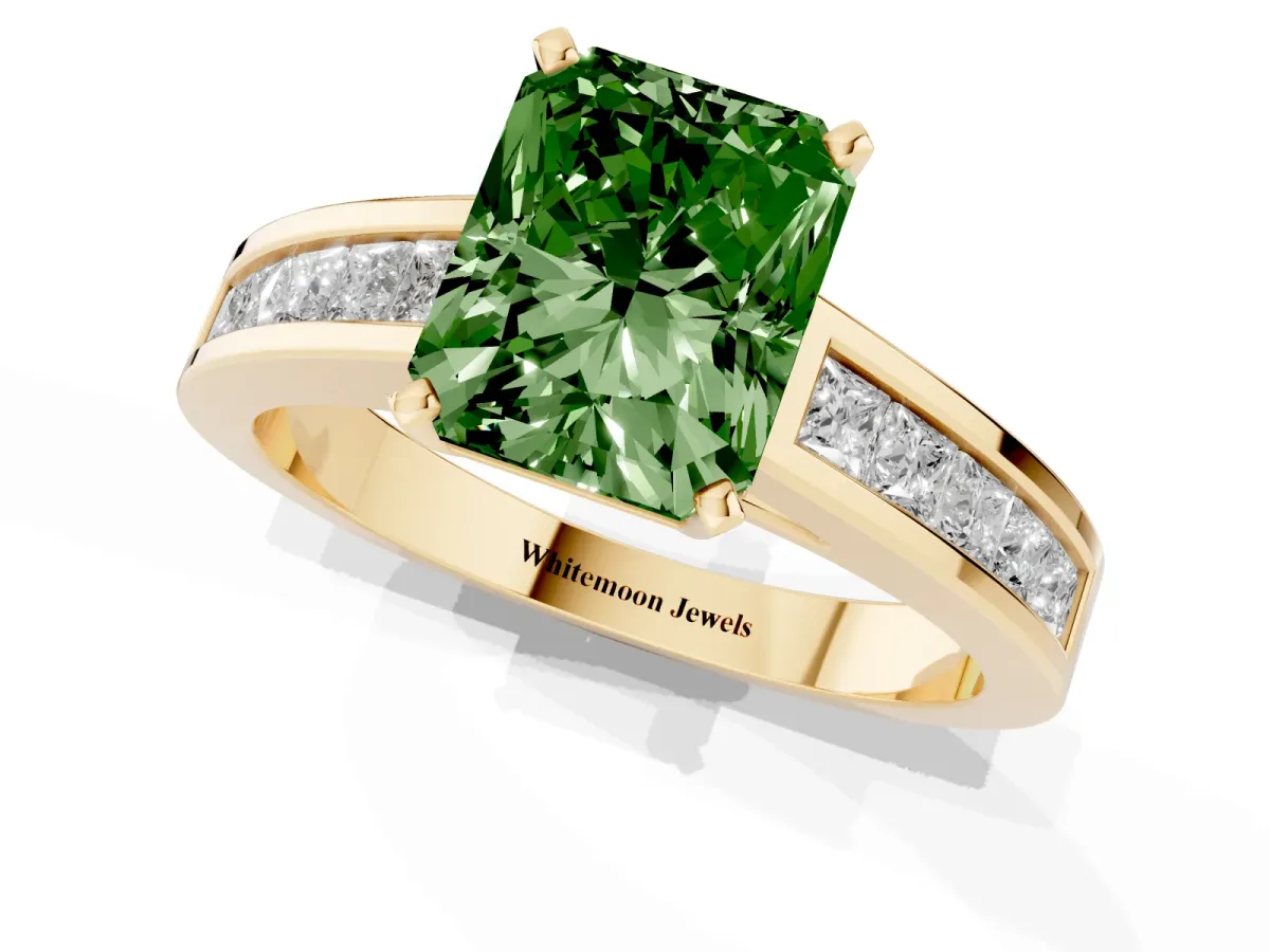 Fancy Green Radiant Cut Solitaire Diamond Ring with Channel-Set Band and Four-Prong Setting Yellow gold