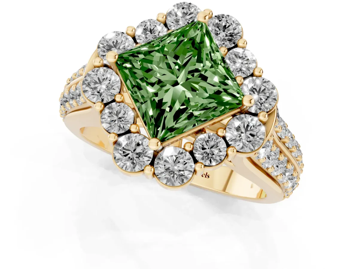 Fancy Green Princess Cut Halo Diamond Engagement Ring with Split Shank and Prong Setting Yellow gold