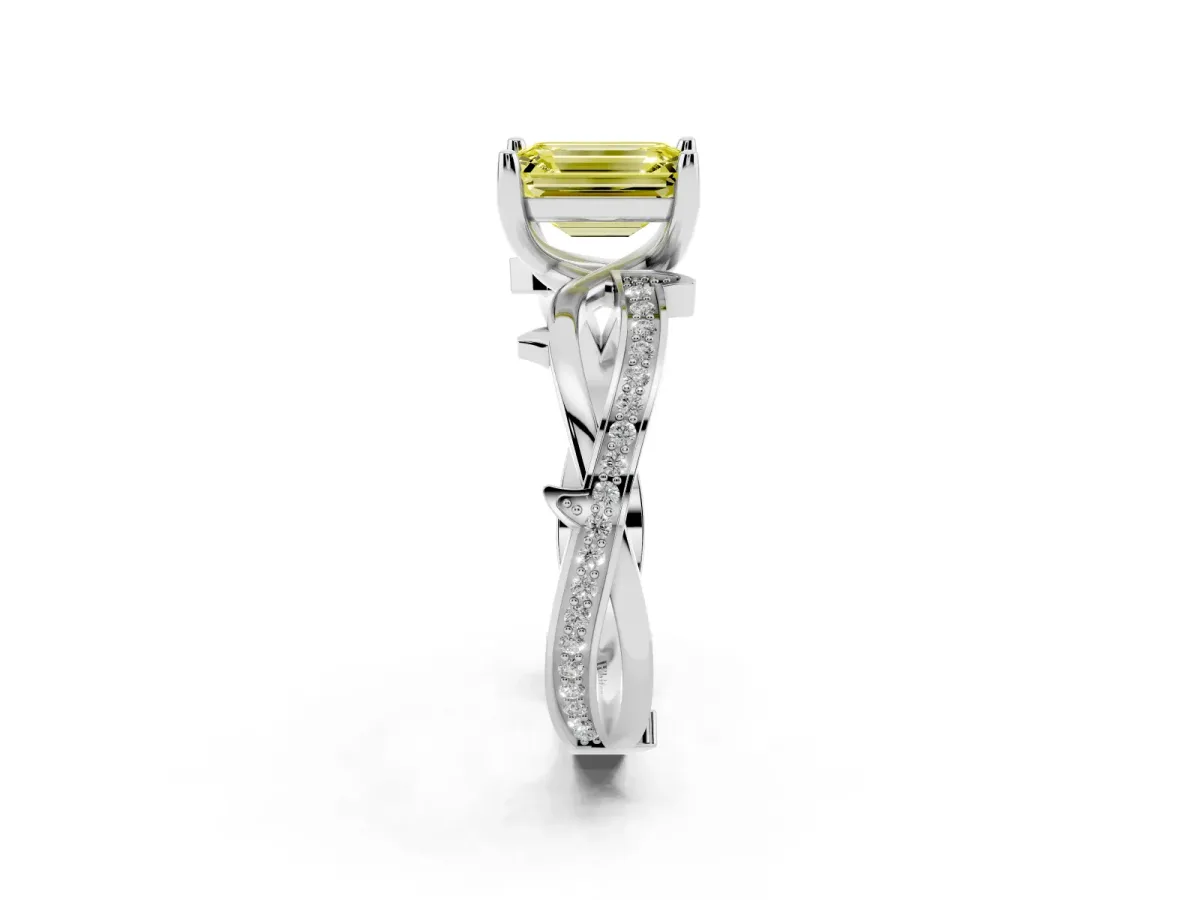 Fancy Yellow Emerald Cut Solitaire Twist Band with Pavé Accents and Four-Prong Setting Platinum