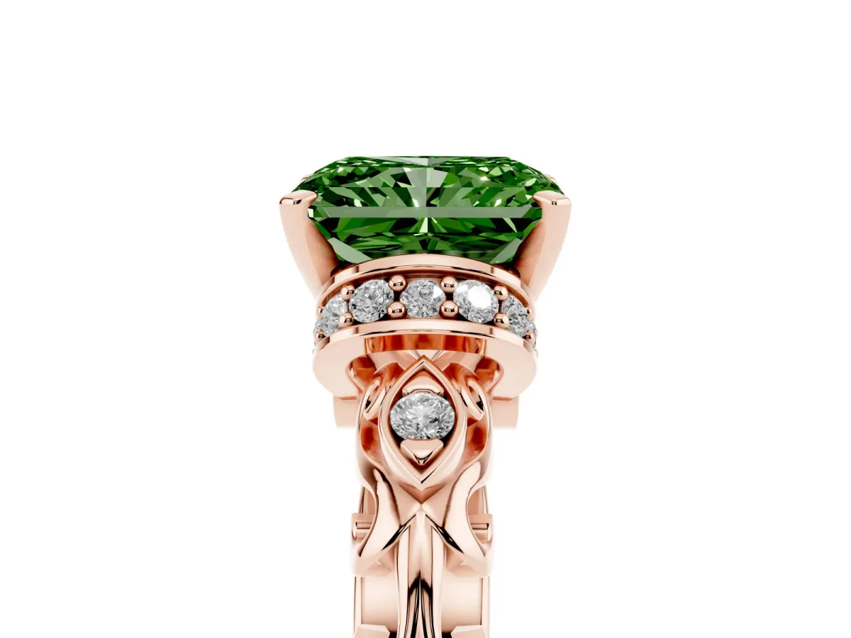 Fancy Green Radiant Cut Diamond Solitaire Ring with Filigree Band and Four-Prong Setting Rose gold
