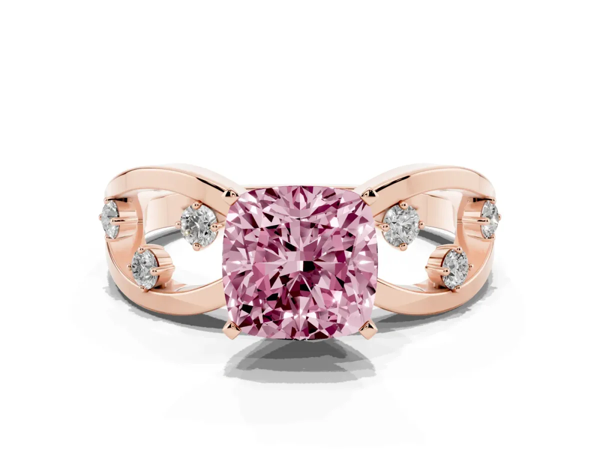 Fancy Pink Cushion Cut Cut Solitaire Diamond with Side Stones on Criss-Cross Band and Four-Prong Setting Rose gold