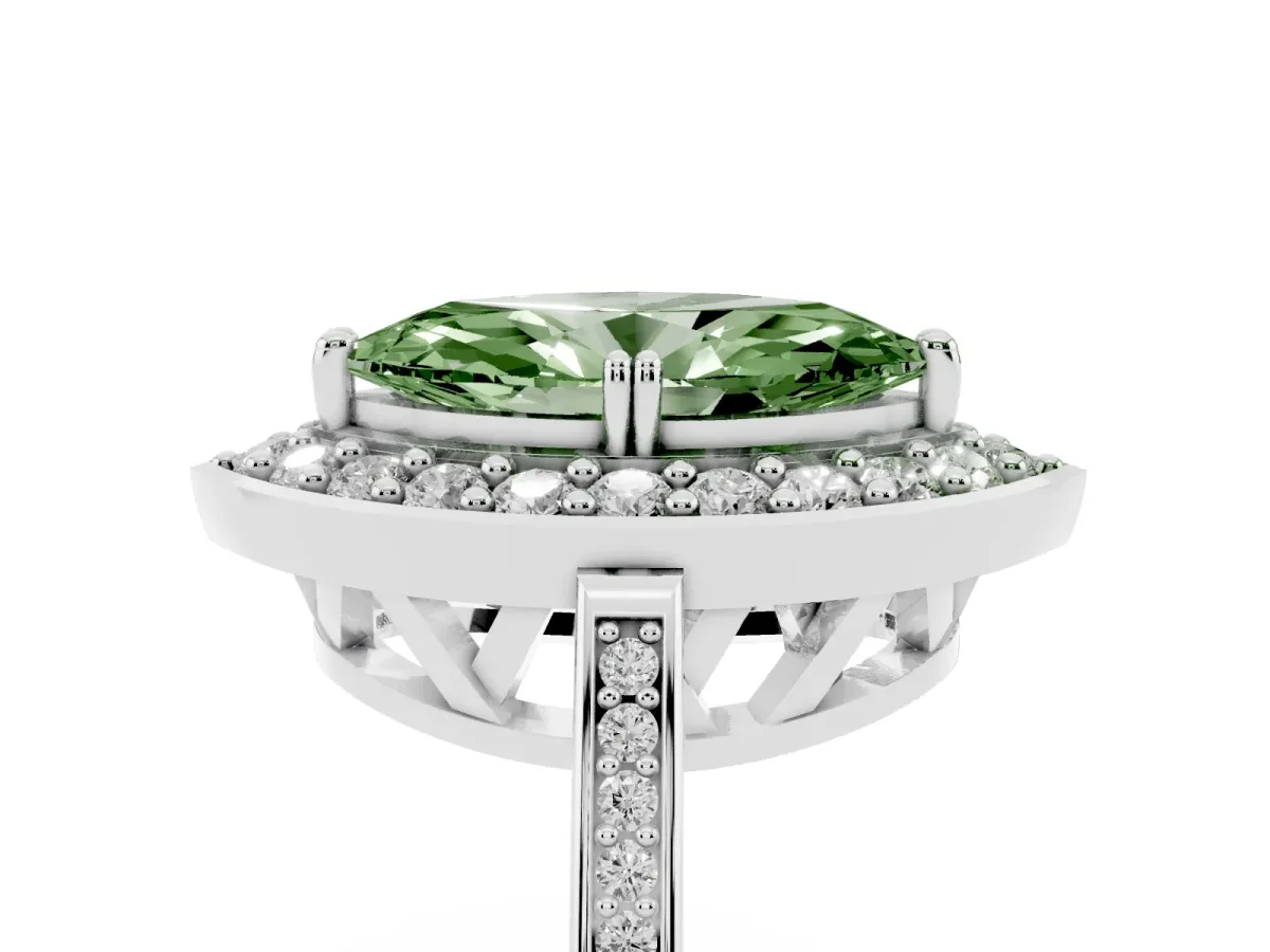Fancy Green Marquise Cut Diamond Halo Ring with Split Shank and Four-Prong Setting Silver