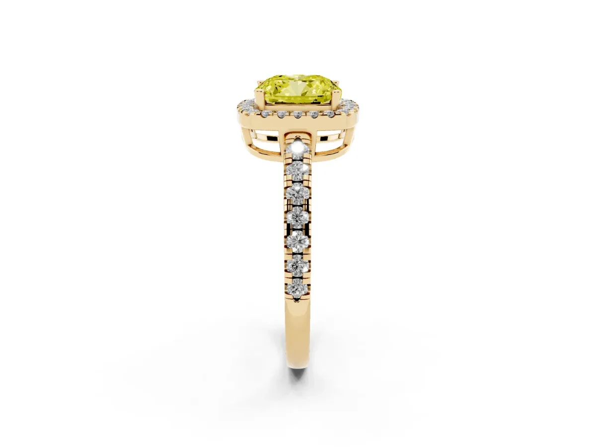 Fancy Yellow Cushion Cut Diamond Halo Ring with Pavé Band and Four-Prong Setting Yellow gold