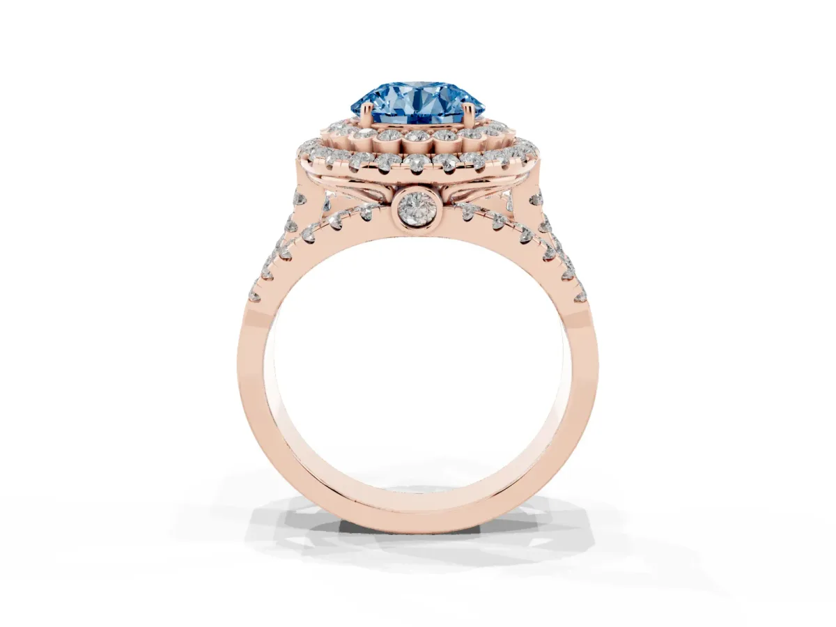 Fancy Blue Round Cut Diamond Double Halo Ring with Round Pavé Split Shank and Prong Setting Rose gold
