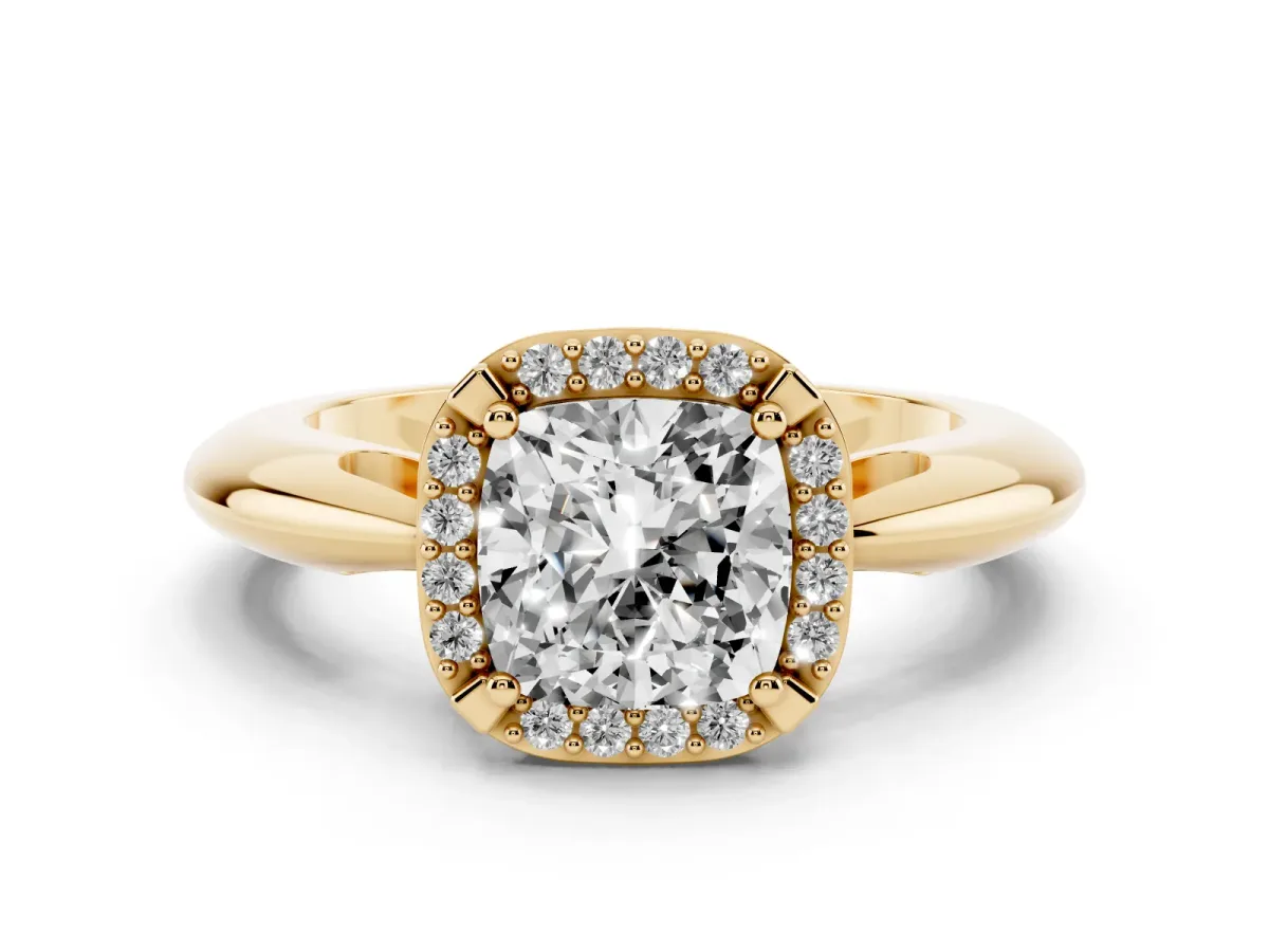 Cushion Cut Cut Diamond Halo Engagement Ring with Split Shank and Four-Prong Setting Yellow gold