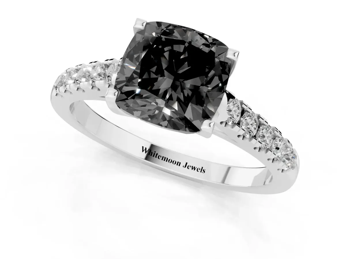 Fancy Black Cushion Cut Diamond Pavé Band Solitaire Ring with Prong Setting Silver