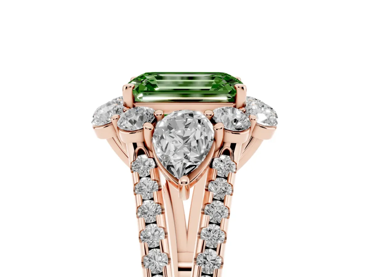 Fancy Green Emerald Cut Halo Split Shank Diamond Engagement Ring with Prong Setting Rose gold