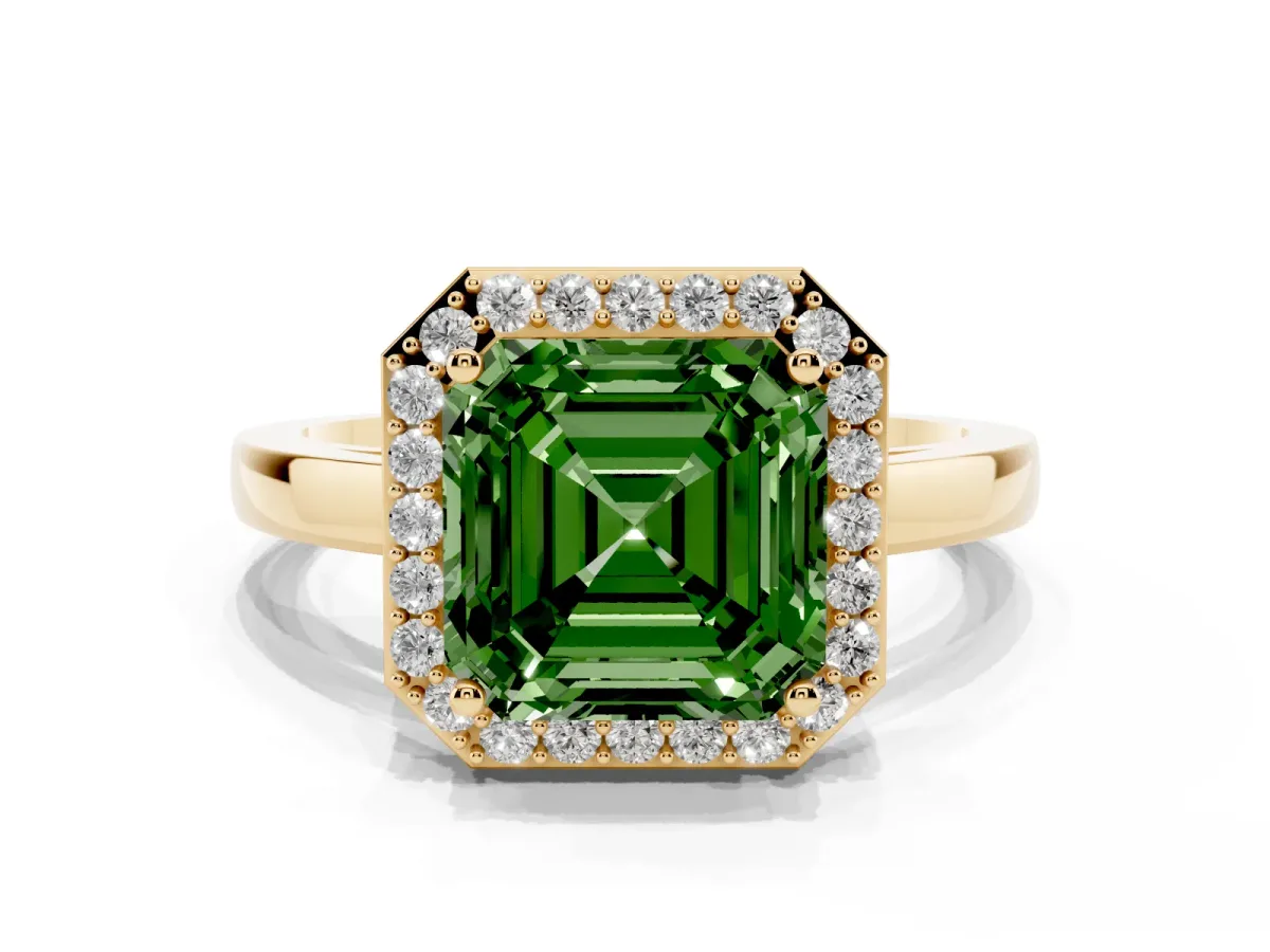 Fancy Green Asscher Cut Halo Diamond Ring with Solitaire Band and Prong Setting Yellow gold